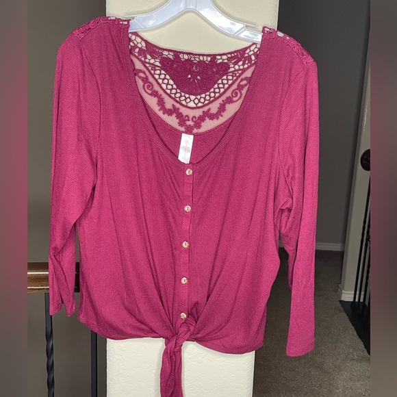 No Boundaries Button Front Lace Detail Back Top - Picture 1 of 5